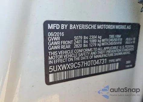 2017 BMW X3 xDrive28I z USA, uszkodzony, nr VIN 5UXWX9C57H0T04731